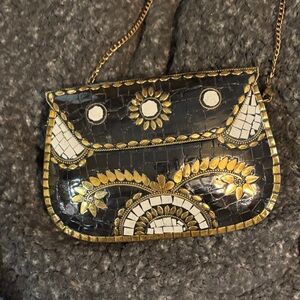 Antik Kraft Black Gol and White metal clutch handbag brass chain crossbody.